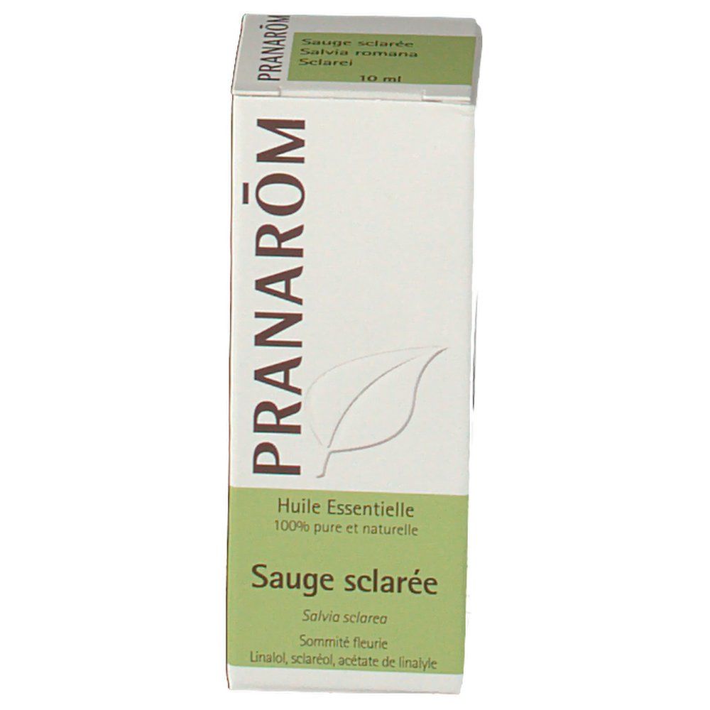 Boîte en carton. Inscriptions: PRANAROM, Sauge sclarée, 100% pure et naturelle. Logo feuille. Couleurs vert et blanc.