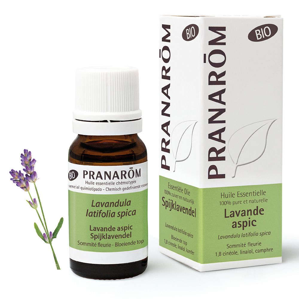 Flacon et boîte Pranarom Huile Essentielle Lavande aspic Bio. Avec branche de lavande.