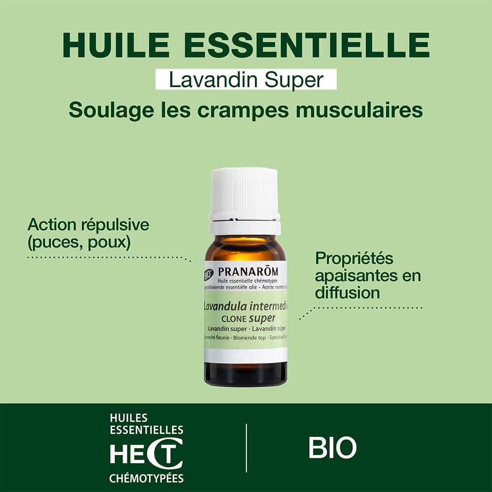Flacon brun, bouchon blanc. Texte: Pranarôm, Lavandula intermedia clone super. Certification BIO.