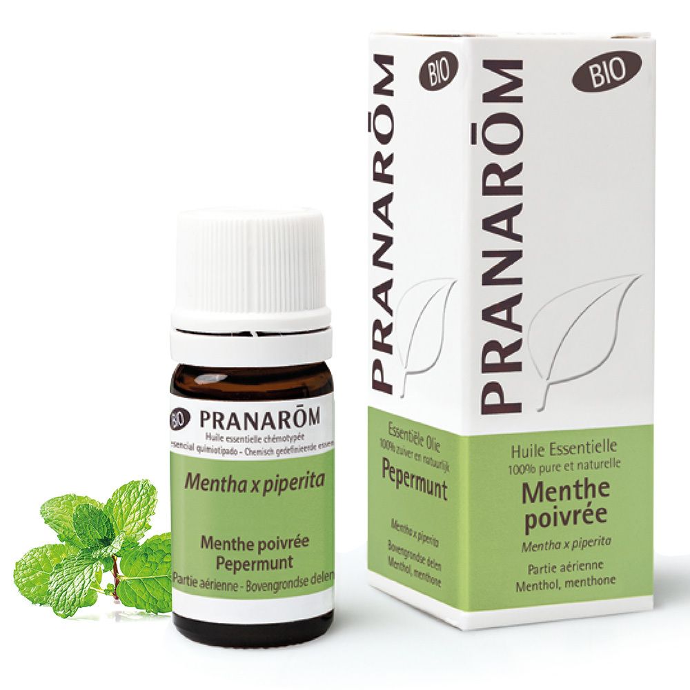 Huile essentielle Pranarom Menthe poivrée Bio : flacon et boîte. Huile essentielle 100% pure.