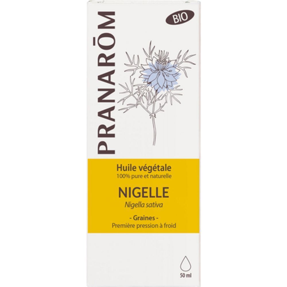 Boîte blanche avec champ jaune. Inscription : Pranarôm, Nigelle, Bio. Huile 100% pure.