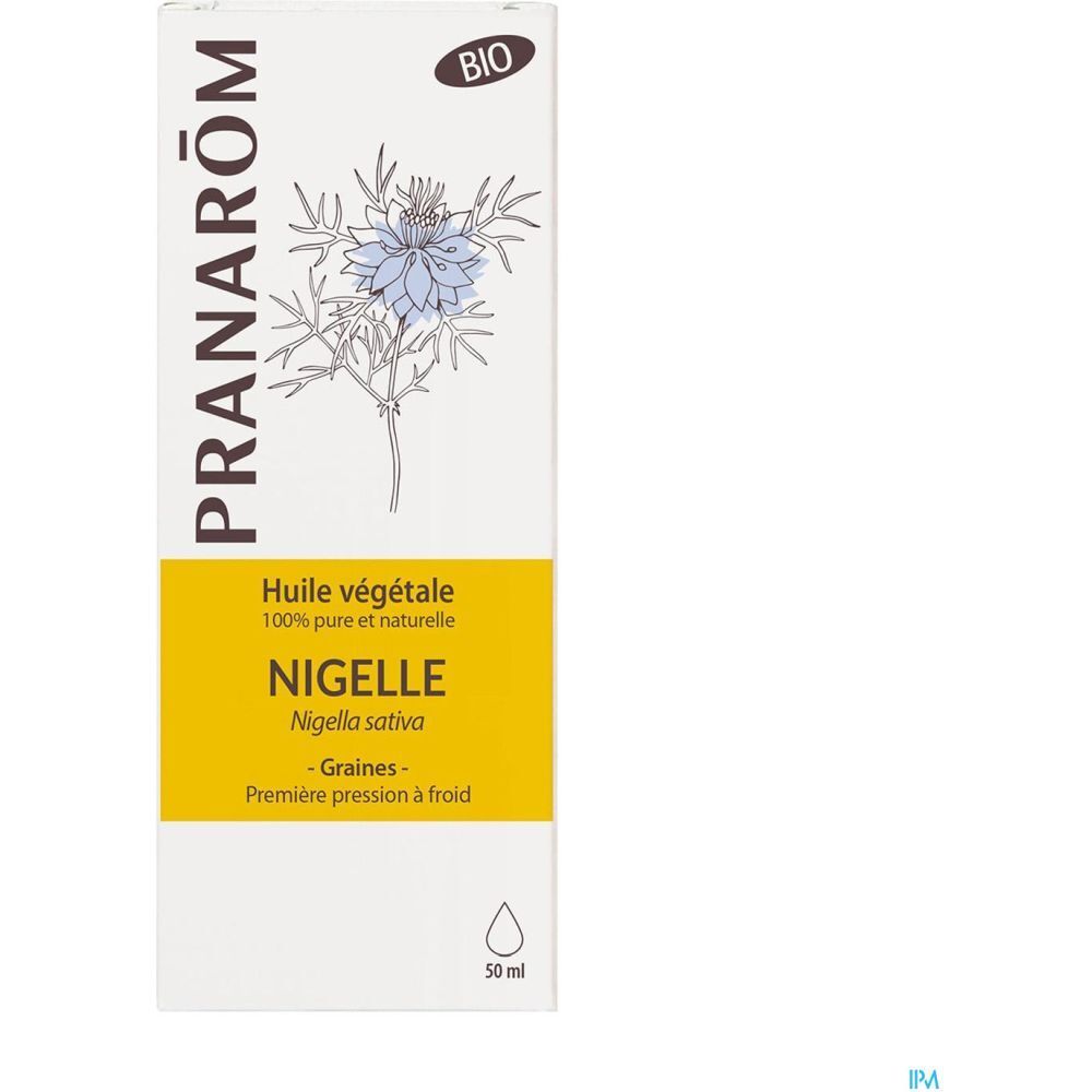 Boîte blanche avec champ jaune. Inscription : Pranarôm, Nigelle, Bio. Huile 100% pure.