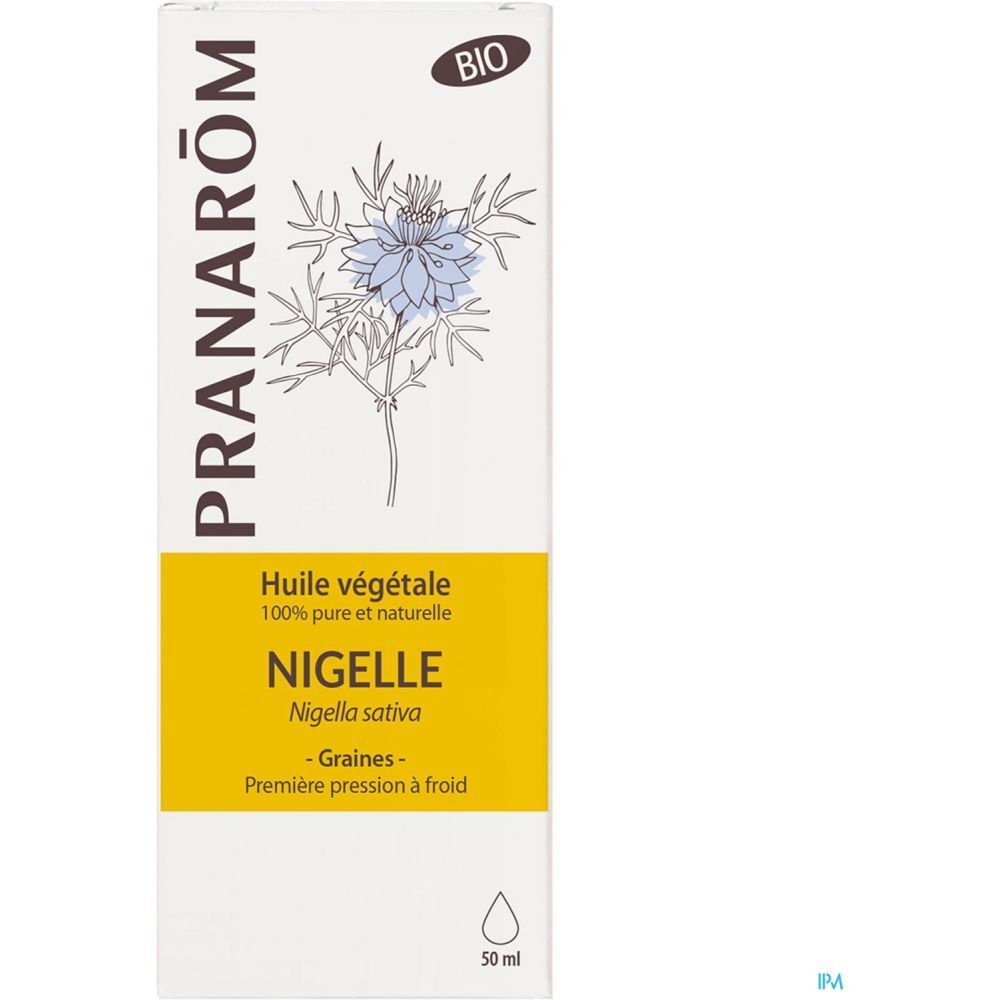 Boîte blanche avec champ jaune. Inscription : Pranarôm, Nigelle, Bio. Huile 100% pure.