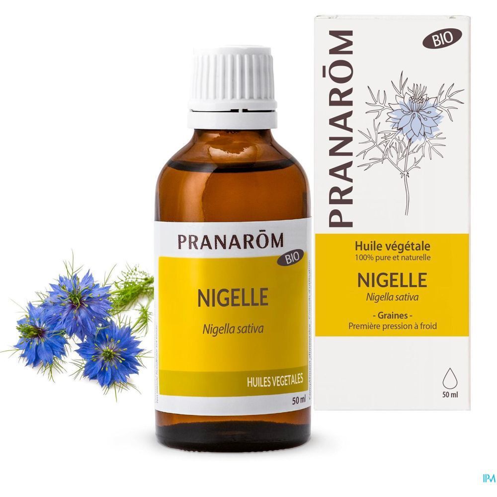 Flacon en verre brun et boîte. Inscription : Pranarôm, Nigelle, Bio. Huile 100% pure.