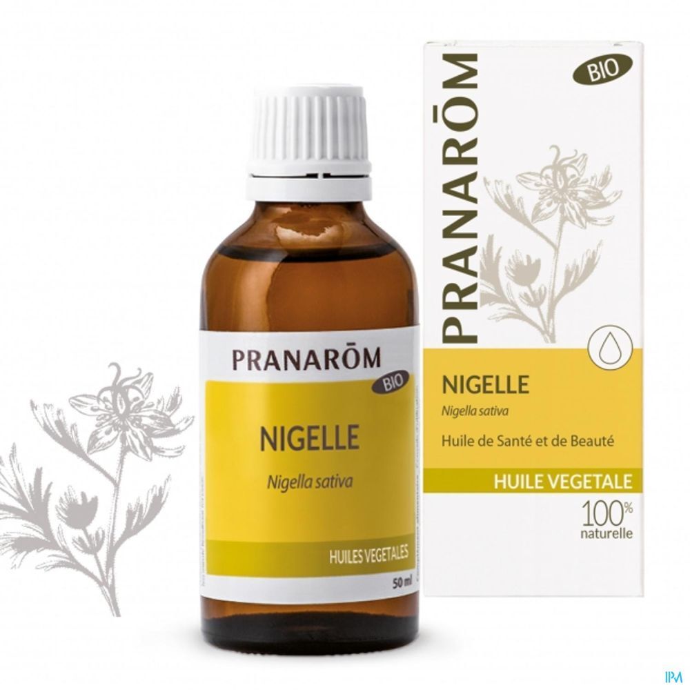 Flacon en verre brun et boîte. Inscription : Pranarôm, Nigelle, Bio. Huile 100% pure.