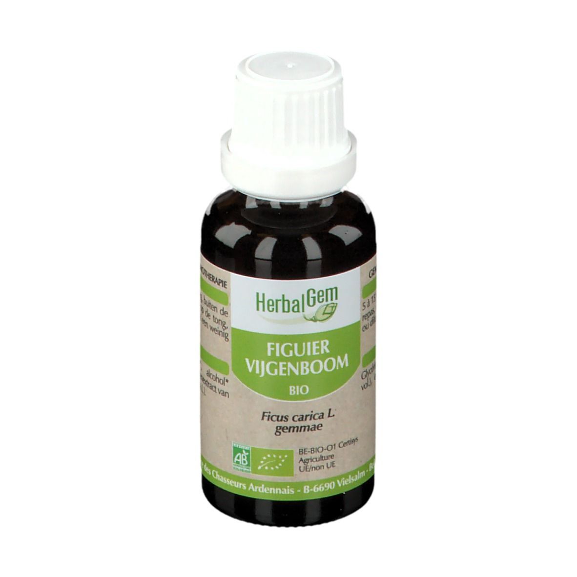 Flacon en verre brun avec bouchon blanc. Étiquette avec nom du produit et label bio. HerbalGem.