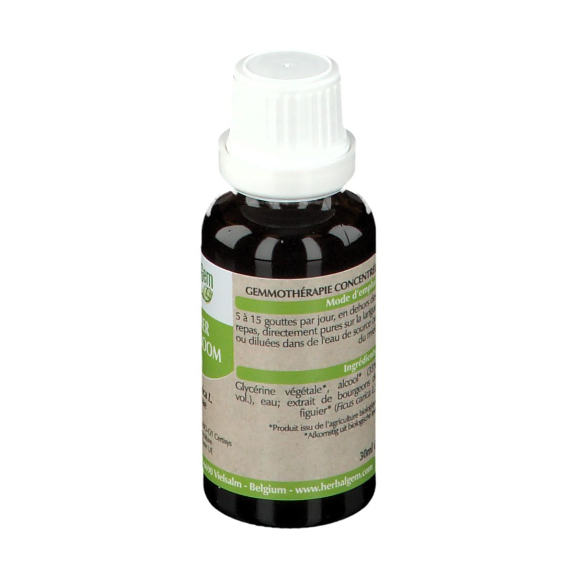 Flacon en verre brun avec bouchon blanc. Étiquette avec informations sur le produit. HerbalGem.