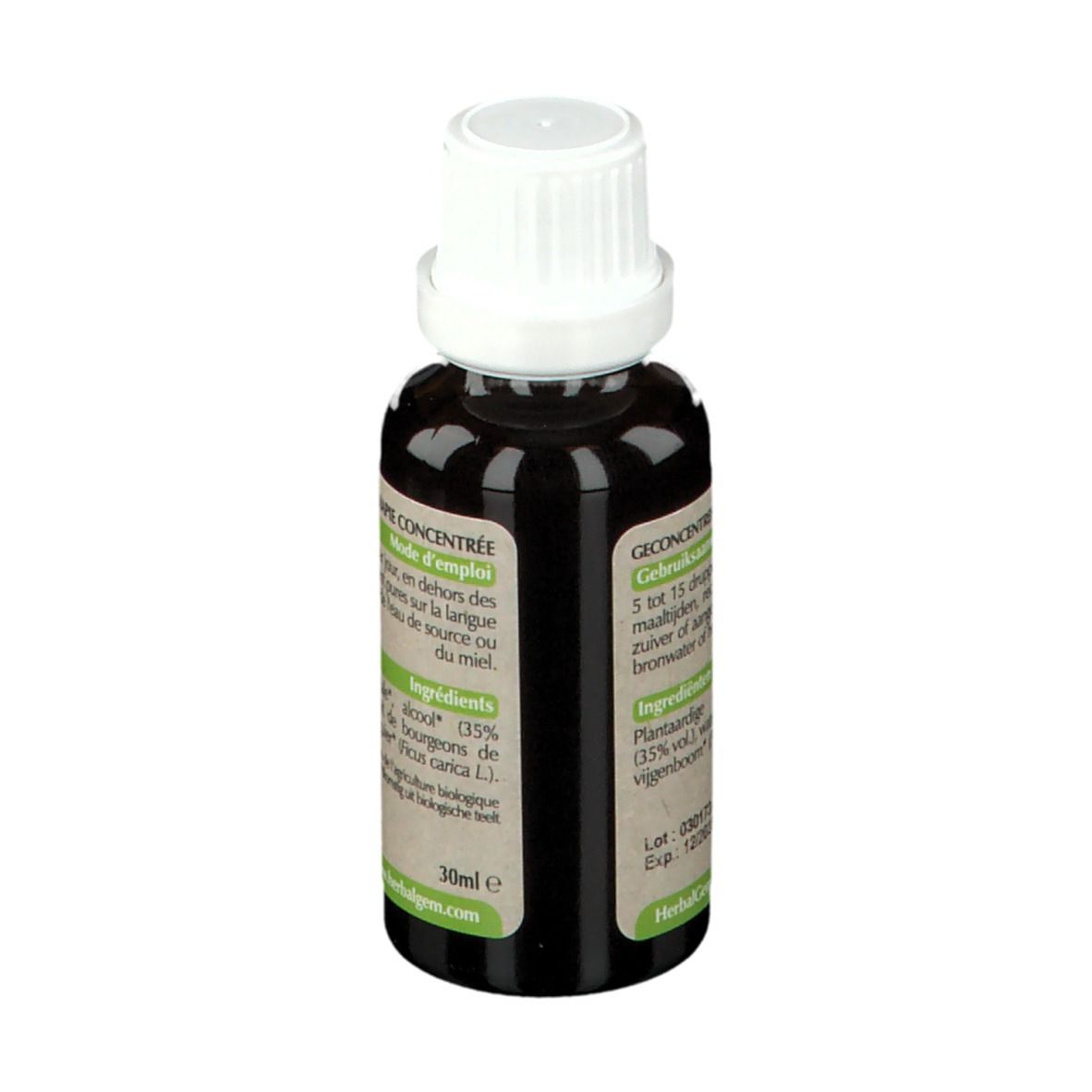 Flacon en verre brun avec bouchon blanc. Étiquette avec informations sur le produit. HerbalGem.