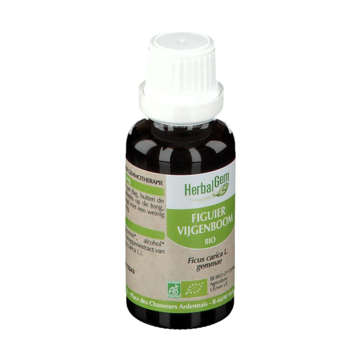 Flacon en verre brun avec bouchon blanc. Étiquette avec nom du produit et label bio. HerbalGem.