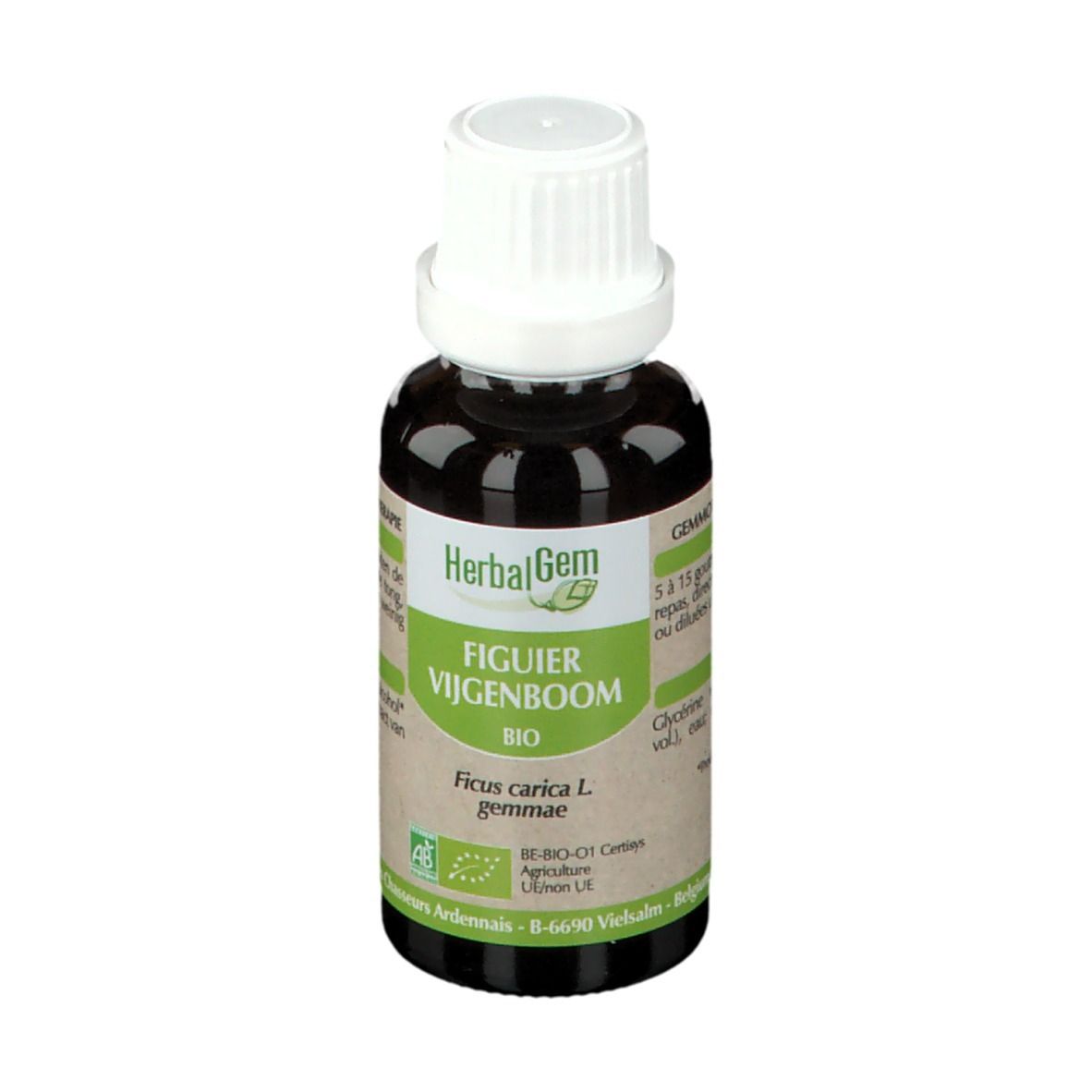 Flacon en verre brun avec bouchon blanc. Étiquette avec nom du produit et label bio. HerbalGem.