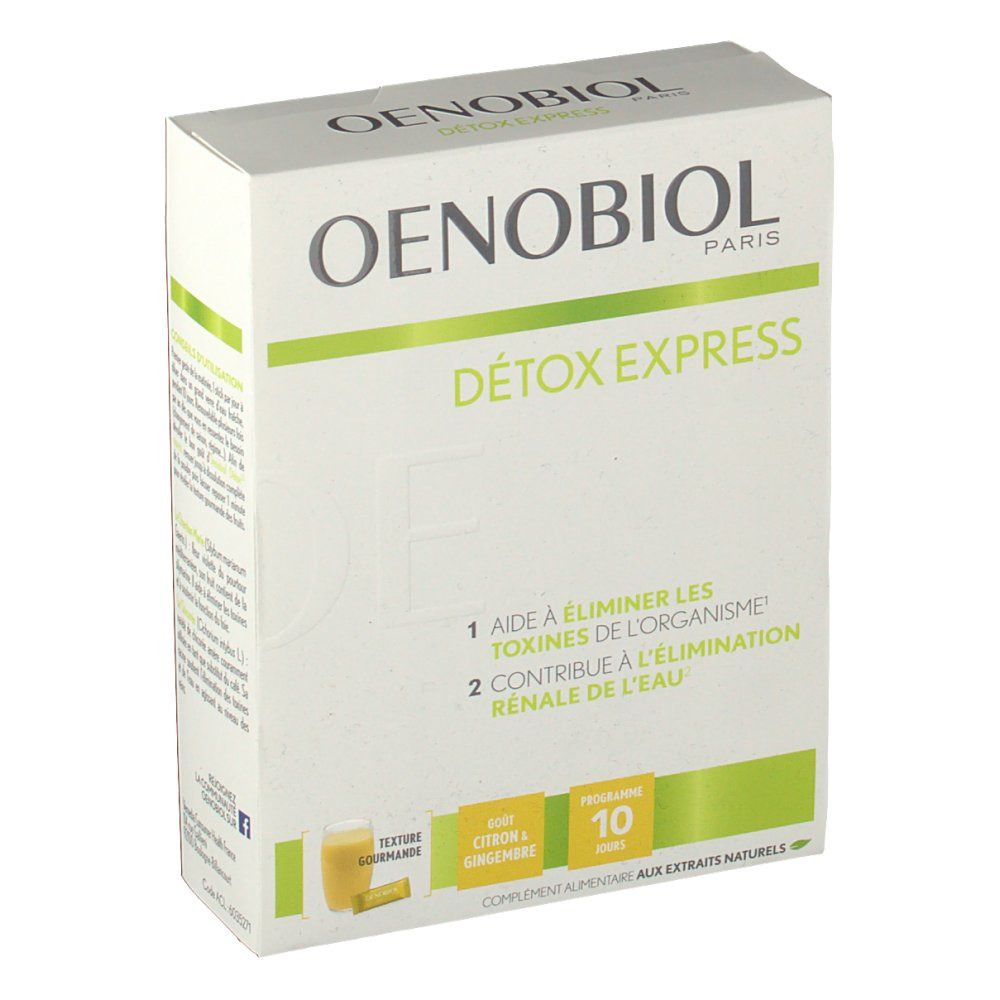 Boîte Oenobiol. Carton blanc, accents verts. Texte: DÉTOX EXPRESS, Gout Citron-Gingembre, 10 sticks. En haut: OENOBIOL.