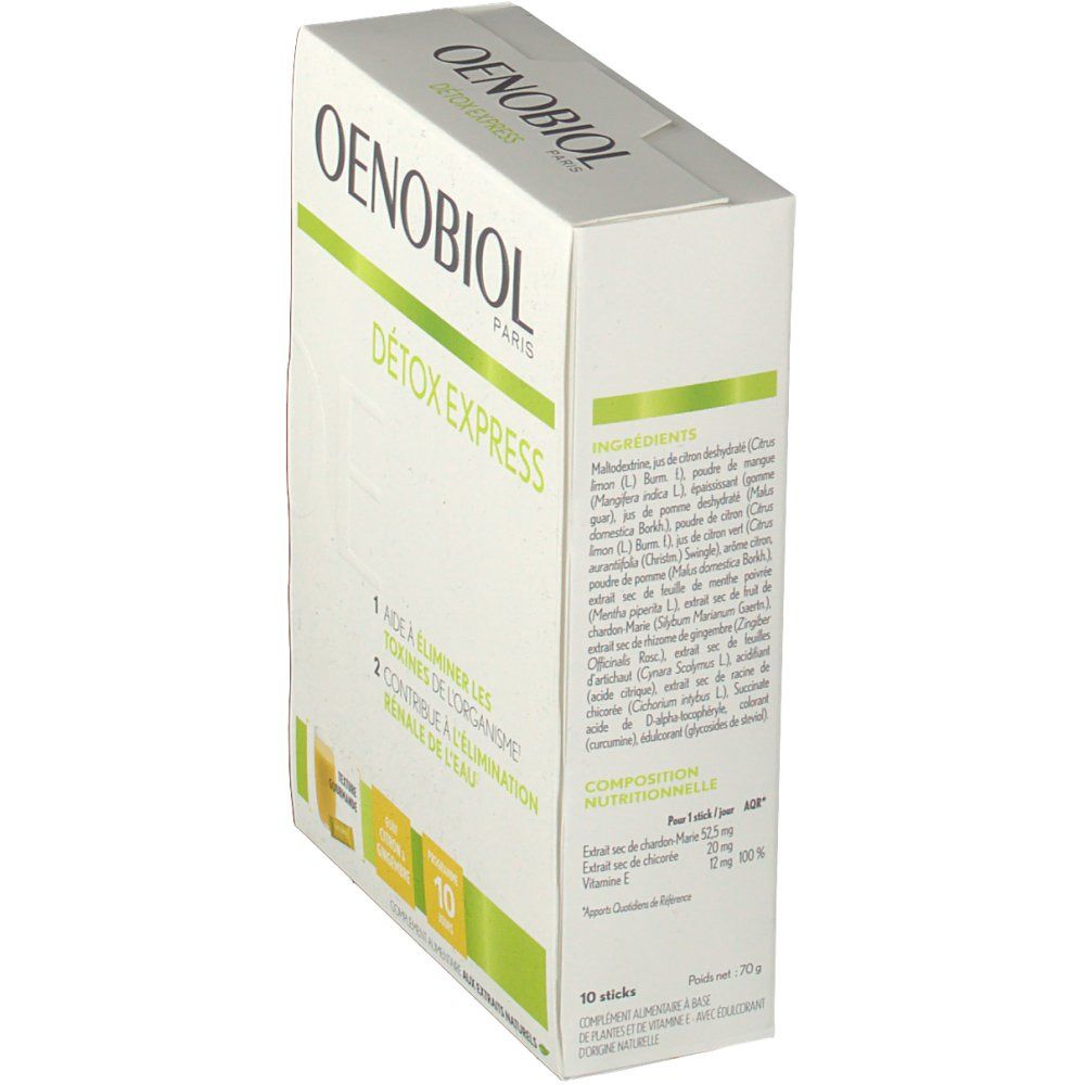 Vue latérale de la boîte Oenobiol. Carton blanc, accents verts. Texte: DÉTOX EXPRESS, 10 sticks. Liste des ingrédients et informations nutritionnelles.