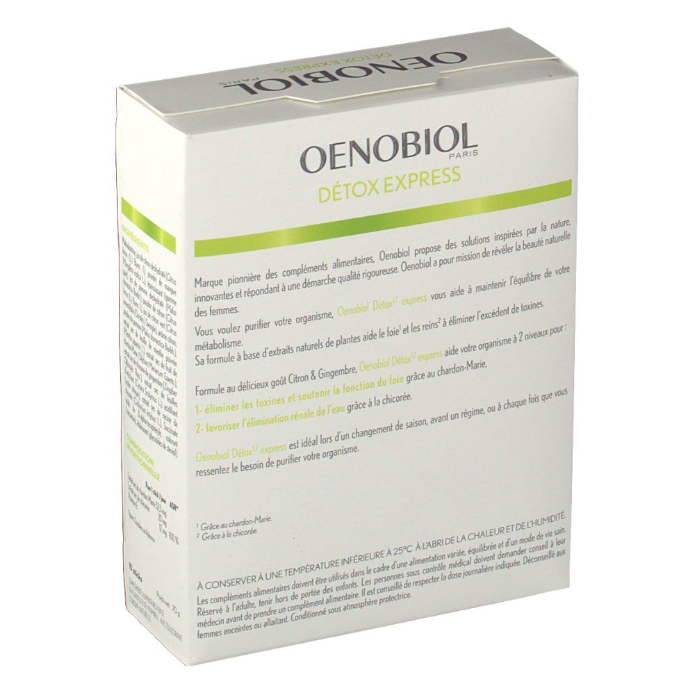 Dos de la boîte Oenobiol. Carton blanc, accents verts. Texte: DÉTOX EXPRESS. Description du produit et conseils d'utilisation.