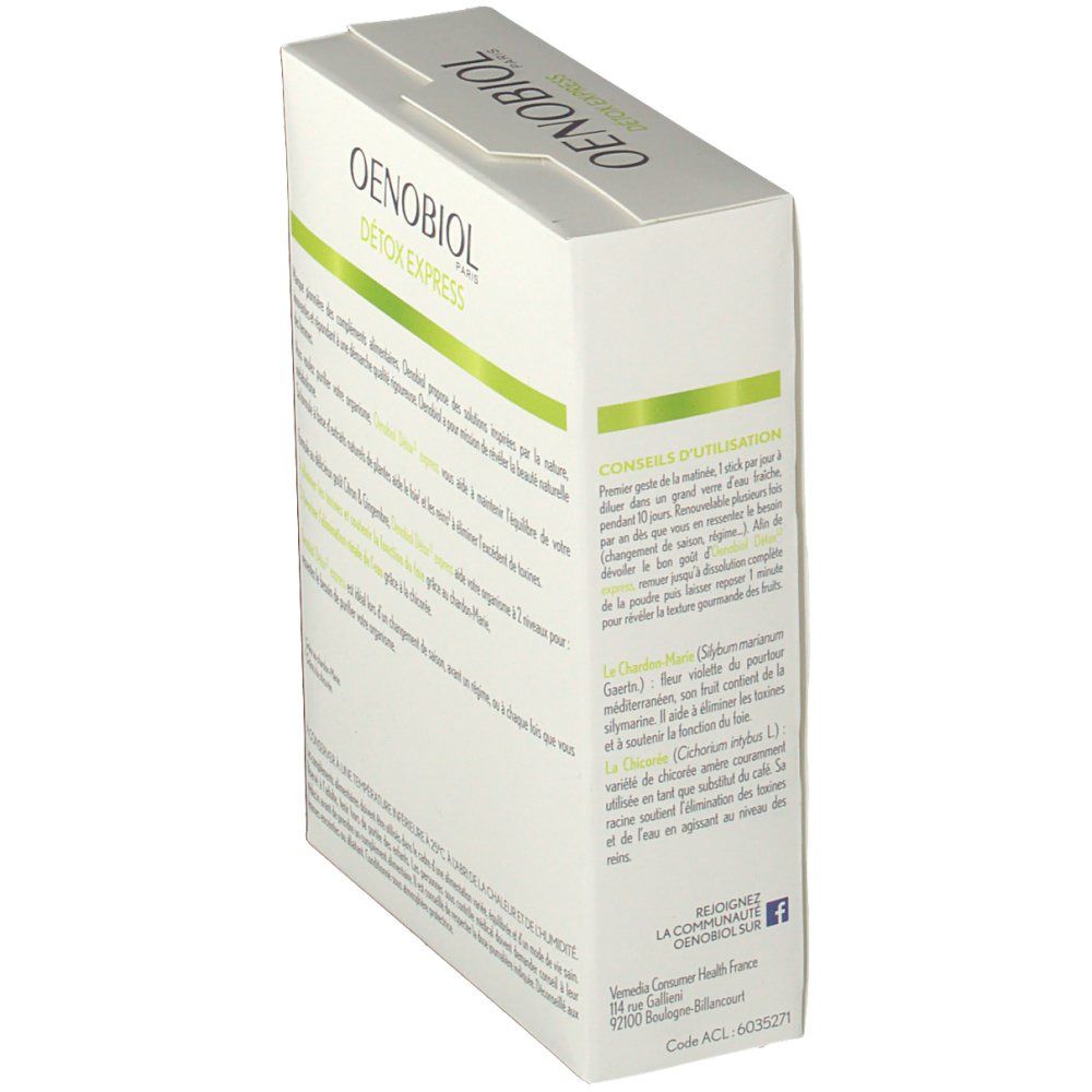 Vue latérale de la boîte Oenobiol. Carton blanc, accents verts. Texte: DÉTOX EXPRESS. Conseils d'utilisation et coordonnées.
