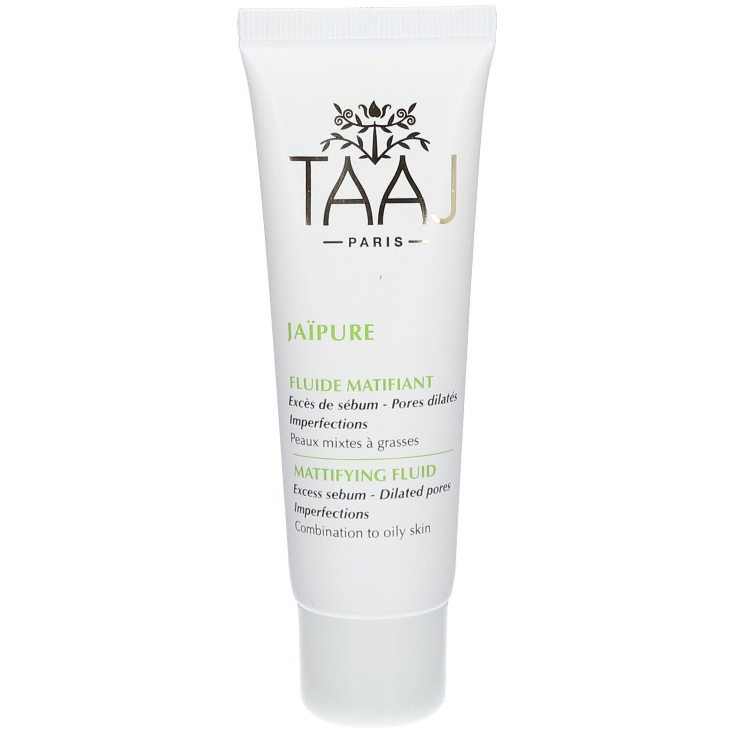 Tube blanc avec logo TAAJ et nom Jaïpure. Texte : Fluide Matifiant, pour peaux mixtes à grasses.