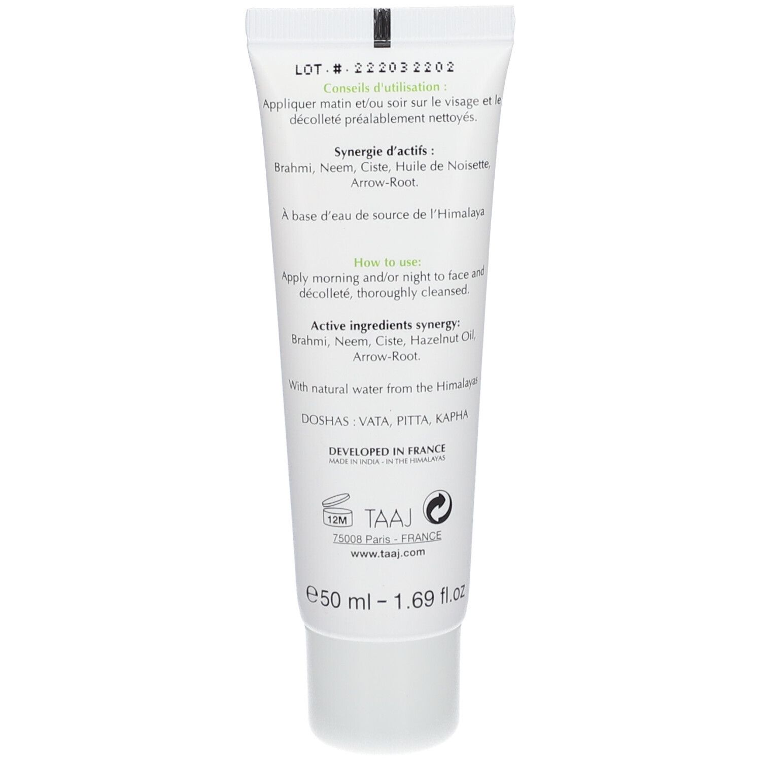 Dos du tube avec texte. Contient ingrédients actifs et conseils d'utilisation. Marque TAAJ, 50 ml.