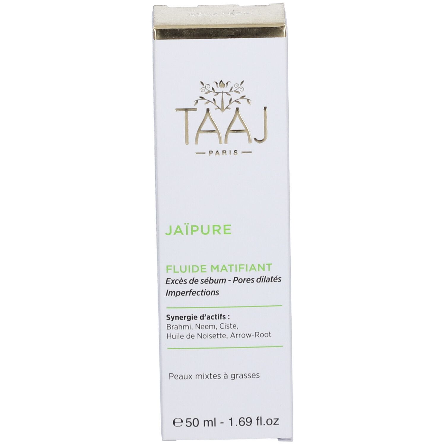Boîte blanche avec logo TAAJ et nom Jaïpure. Texte : Fluide Matifiant, pour peaux mixtes à grasses.