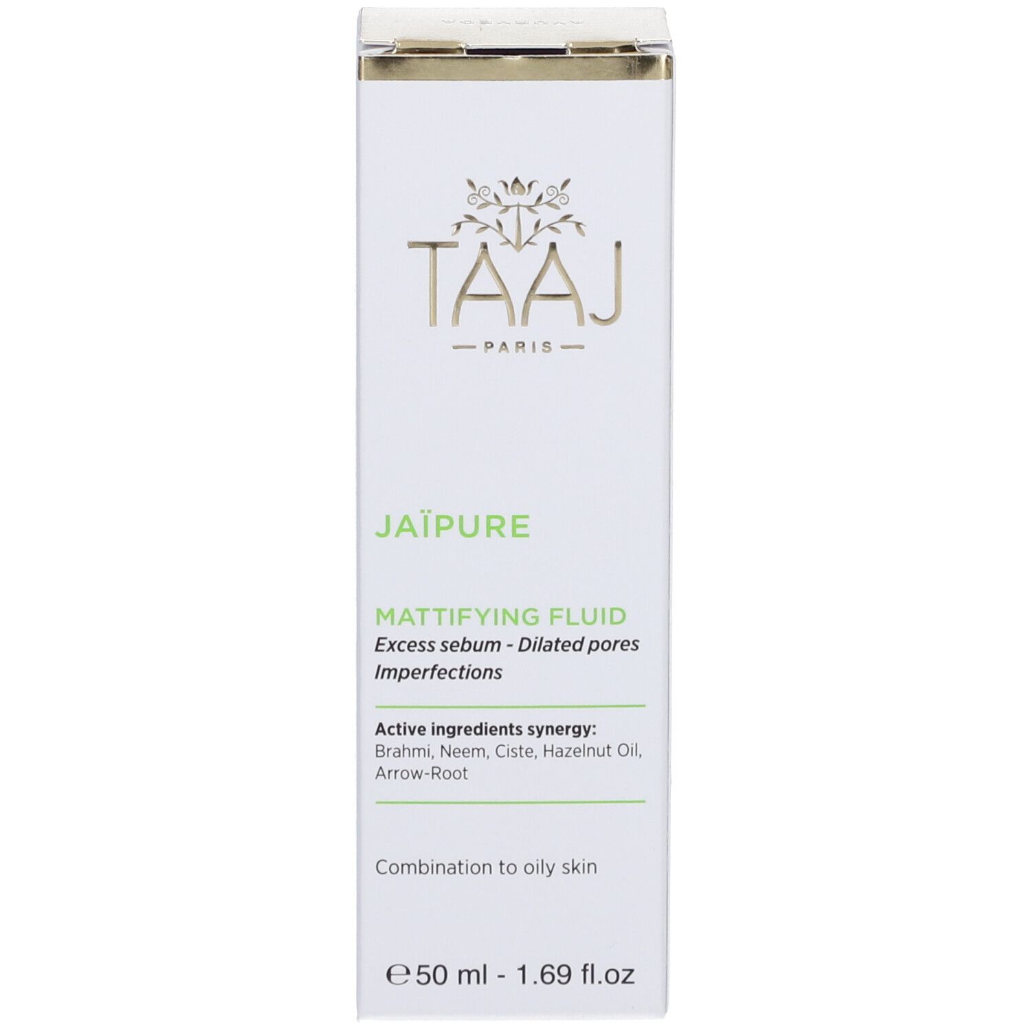 Face avant de la boîte avec logo TAAJ et nom Jaïpure. Texte : Fluide Matifiant, pour peaux mixtes à grasses.