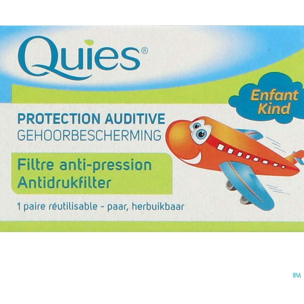 Boîte avec logo Quies, texte Protection auditive, Filtre anti-pression, et dessin d'avion. 1 paire.
