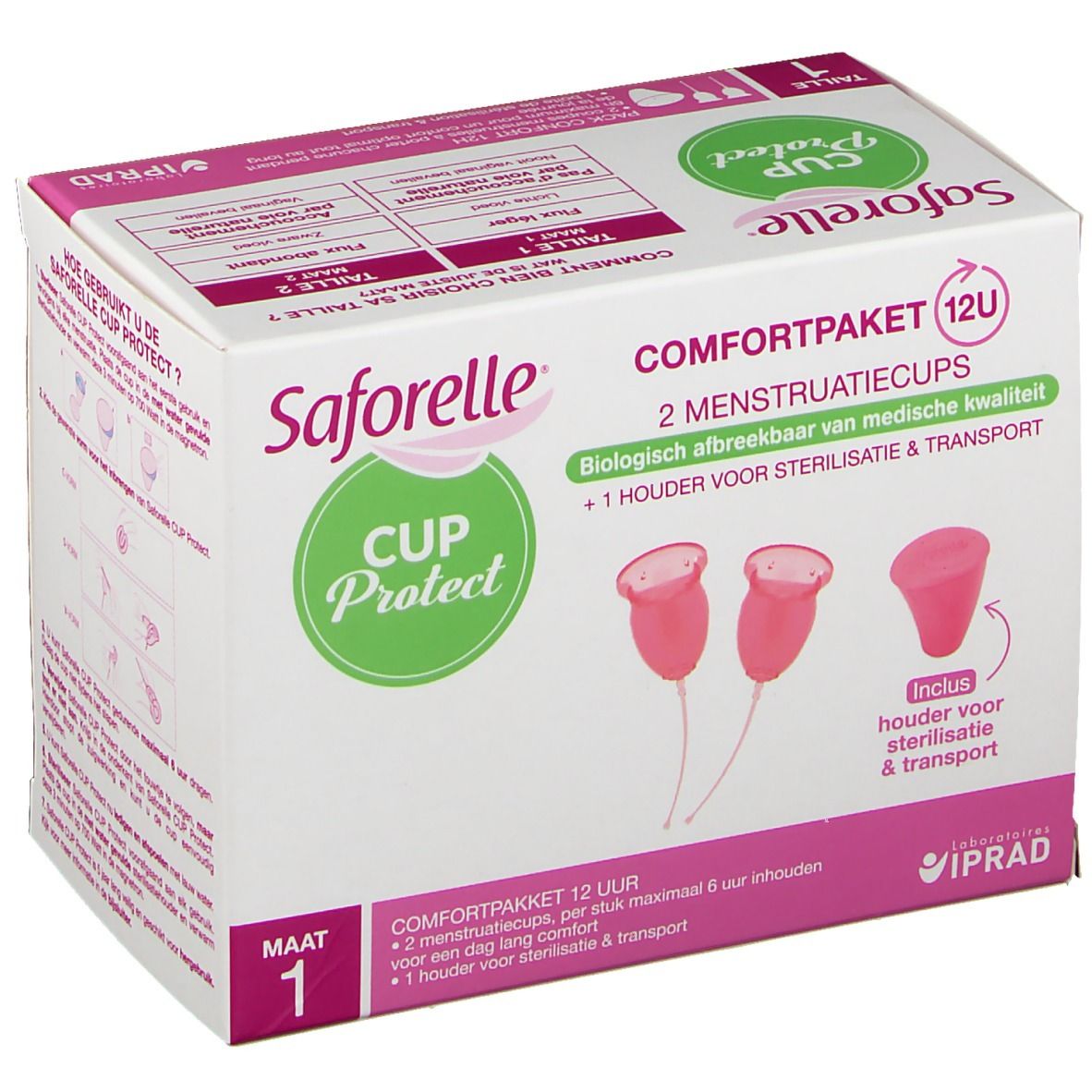 Paquet confort Saforelle® Cup Protect, taille 1. Contient 2 coupes menstruelles, boîte stérilisation. Emballage.