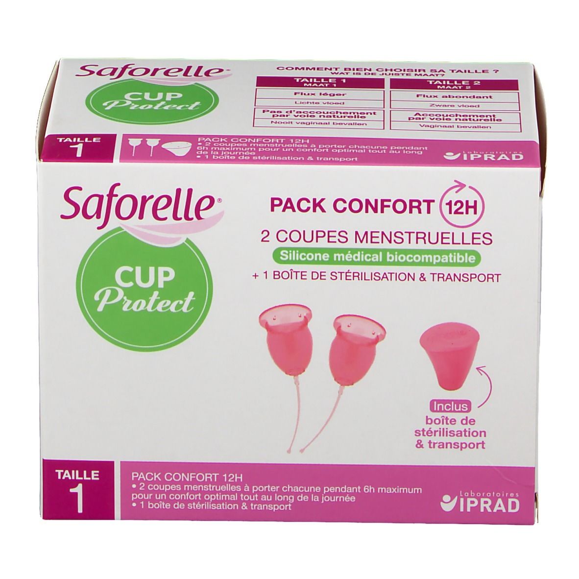 Boîte Saforelle® Cup Protect, taille 1. Contient 2 coupes menstruelles, boîte stérilisation. Emballage avec visuel.