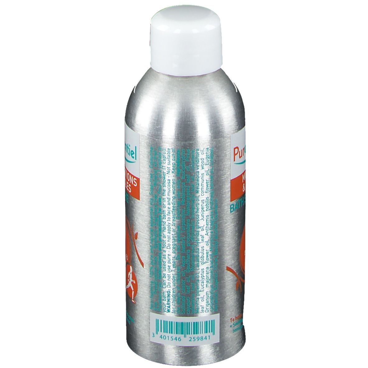 Vue arrière d'un flacon argenté avec bouchon blanc. Texte et étiquette avec informations sur le produit.