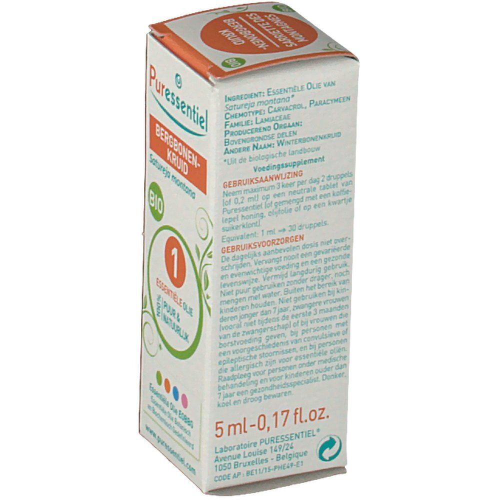 Boîte d'huile essentielle Puressentiel Sarriette des Montagnes BIO. Vue arrière.