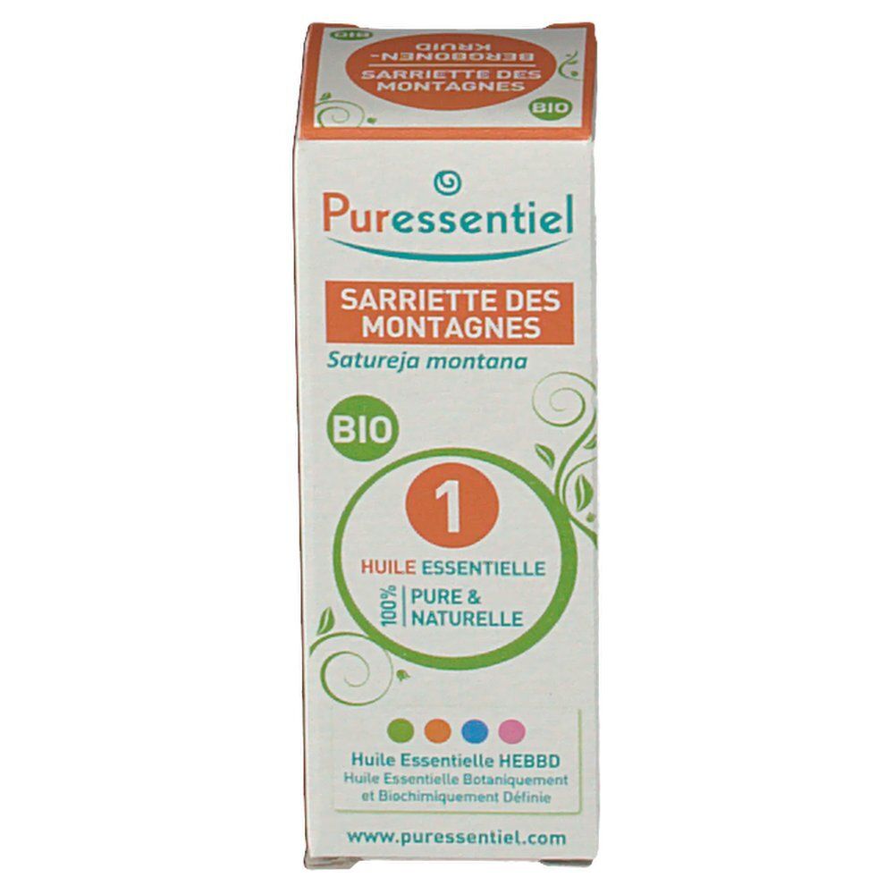 Boîte d'huile essentielle Puressentiel Sarriette des Montagnes BIO. Face avant.