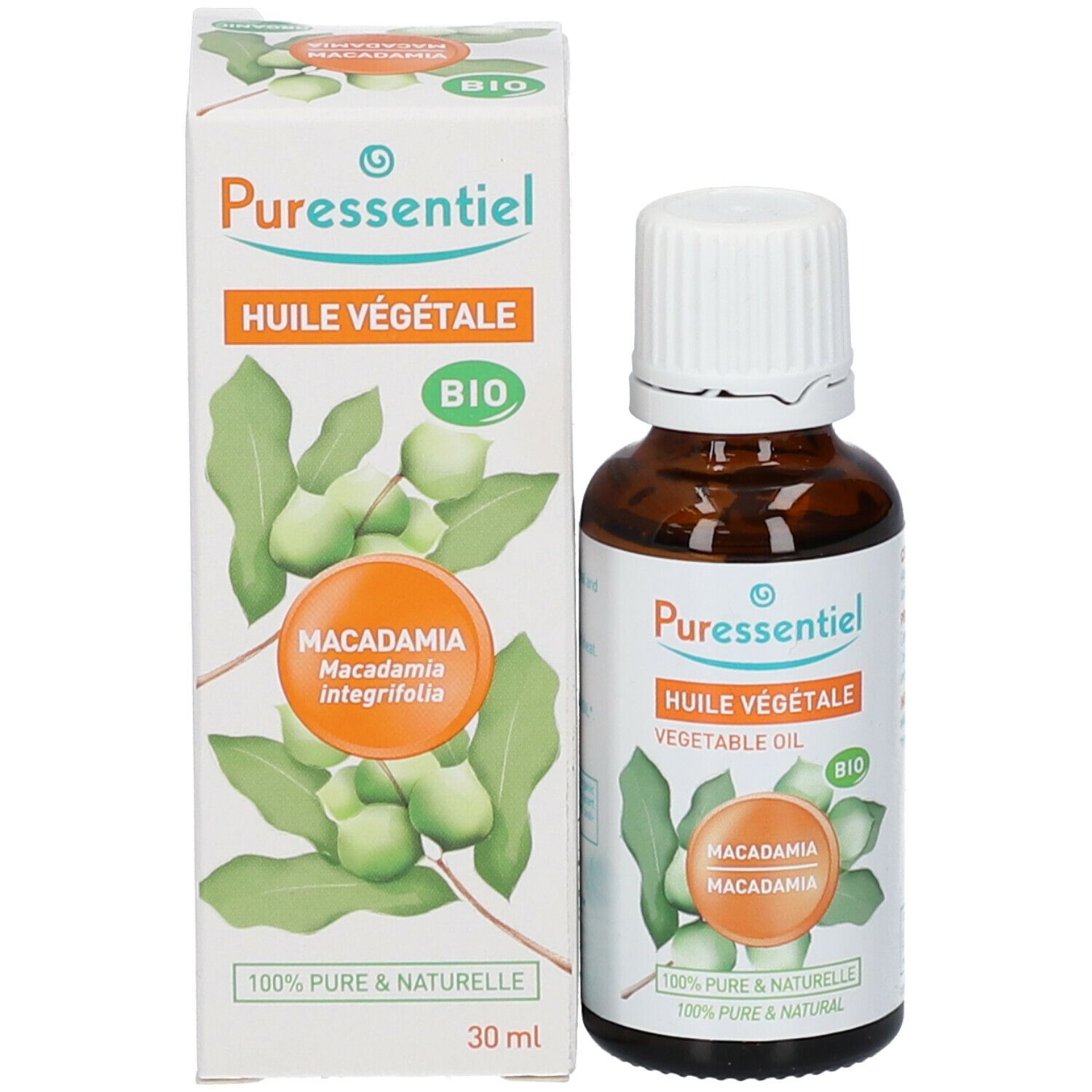 Flacon et emballage. Flacon avec bouchon blanc, emballage avec nom et label bio.