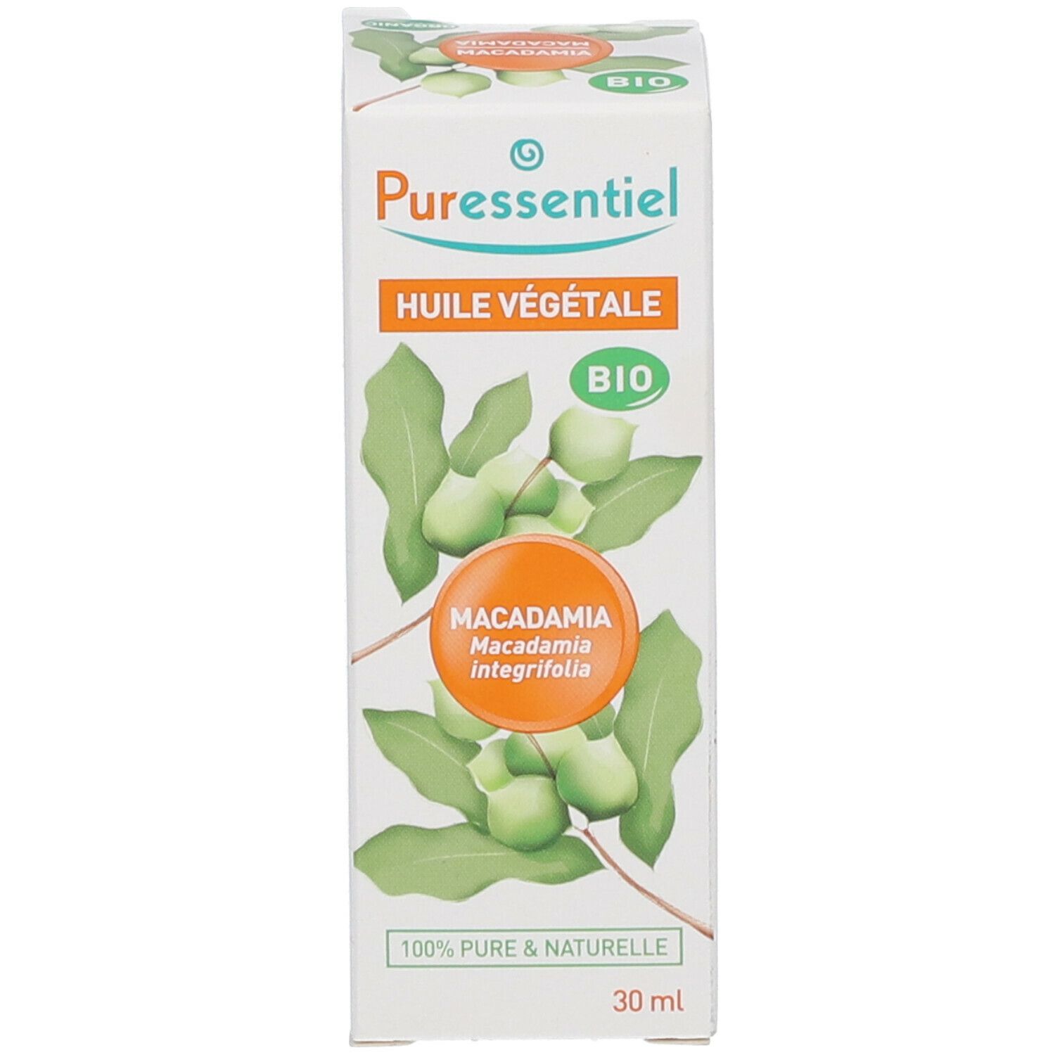 Emballage du produit. Boîte blanche avec nom, label bio et illustration de macadamia.
