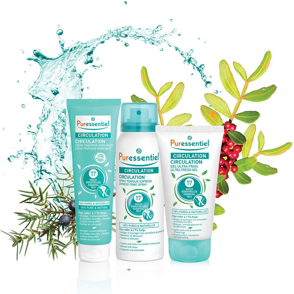 Trois produits avec feuilles et baies. Tube, spray et crème turquoises. Inscription : Puressentiel Circulation. 17 huiles essentielles.