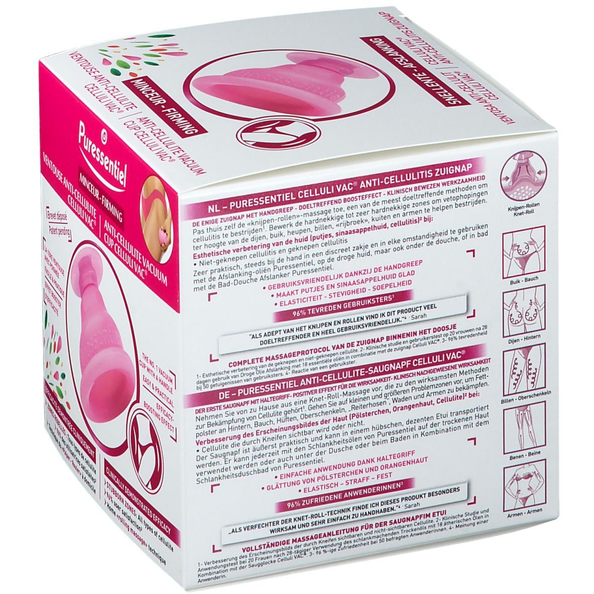 Boîte Puressentiel Celluli Vac. Ventouse rose anti-cellulite. Texte en français et néerlandais. Schémas d'utilisation sur les côtés.
