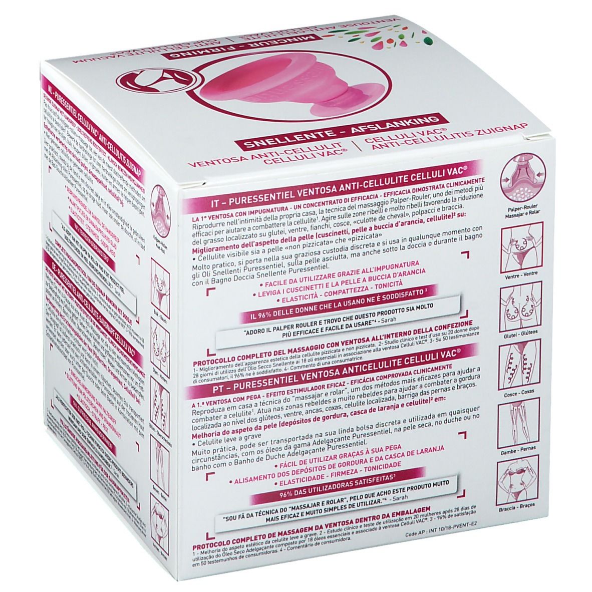 Boîte Puressentiel Celluli Vac. Ventouse rose anti-cellulite. Texte en français et italien. Schémas d'utilisation sur les côtés.