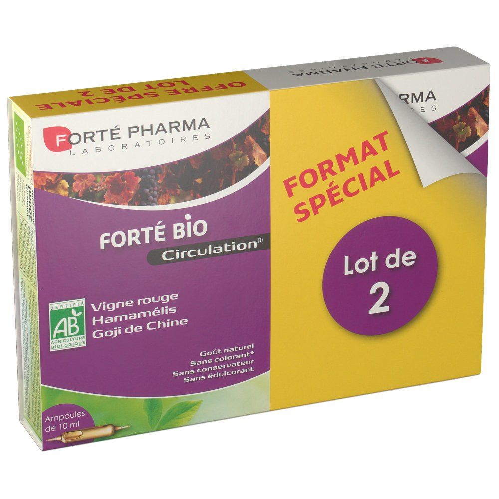 Boîte de Forté Bio Circulation. Contient 2 ampoules. Inscription rouge et logo AB bio.