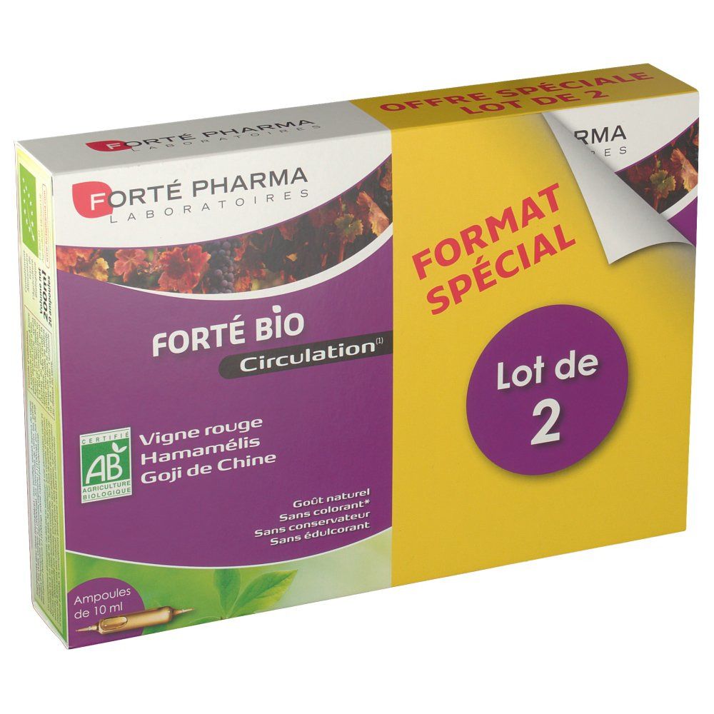 Boîte Forté Bio Circulation, vue de face. Contient 2 ampoules. Avec logo AB bio.