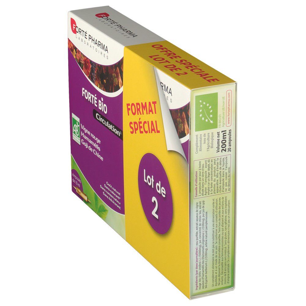 Boîte Forté Bio Circulation, vue latérale. Contient 20 ampoules. Avec logo AB bio et texte.