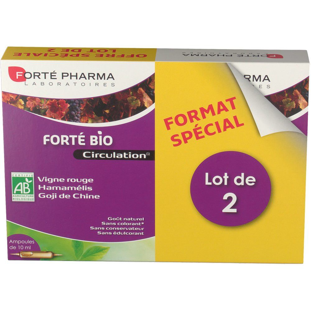 Boîte de Forté Bio Circulation. Contient 2 ampoules. Inscription rouge et logo AB bio.