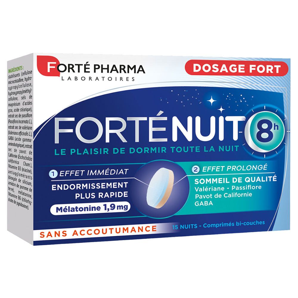 Boîte de FORTE PHARMA Forténuit 8h. Emballage bleu avec accents blancs et rouges. Contient 15 comprimés.
