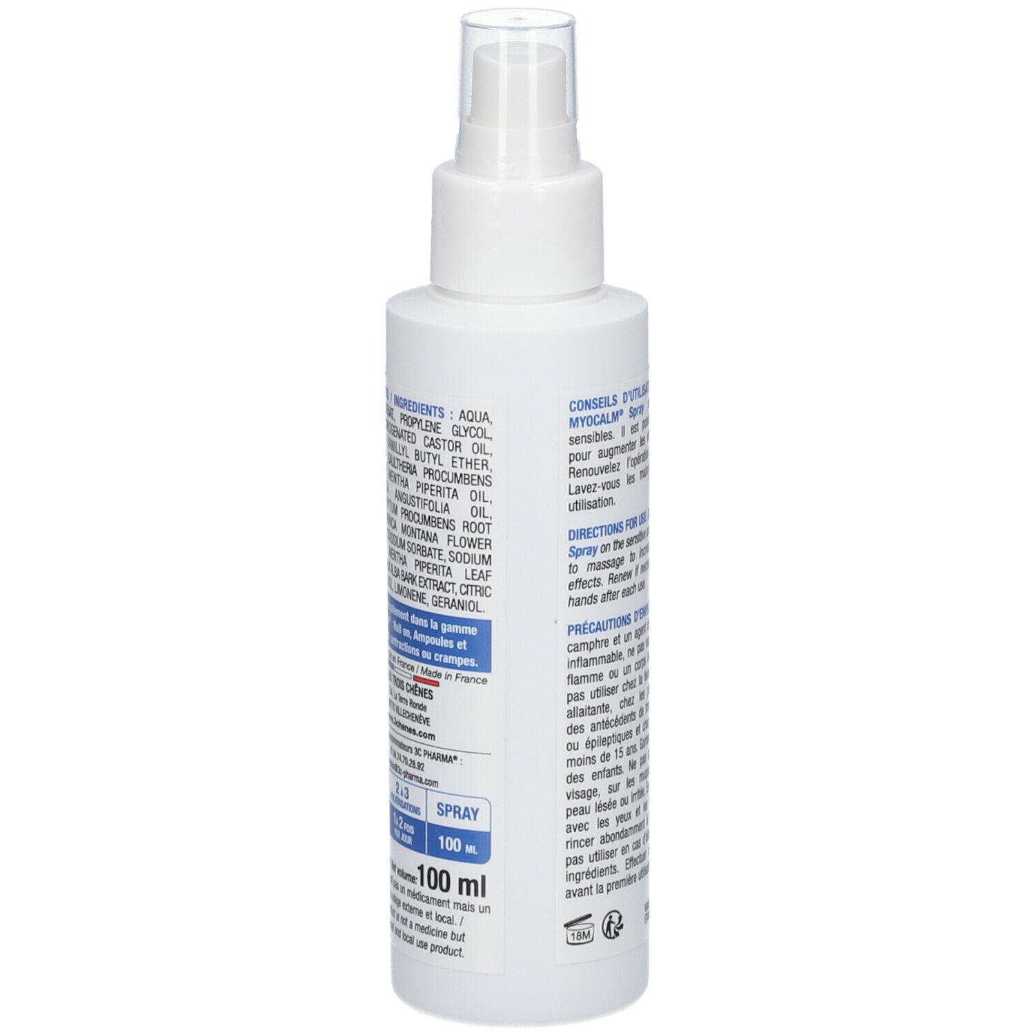 Spray blanc Myo Calm pour contractions musculaires. Ingrédients et instructions au dos. Contenance 100 ml.