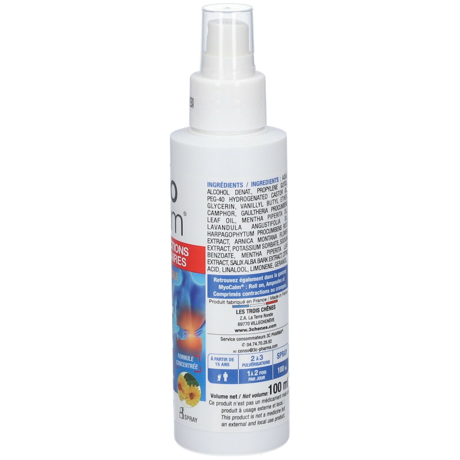 Spray blanc Myo Calm pour contractions musculaires. Ingrédients et instructions au dos. Contenance 100 ml.