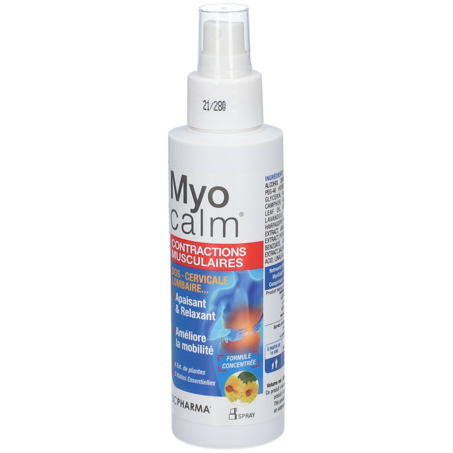 Spray blanc Myo Calm pour contractions musculaires. Contient 4 extraits de plantes et 3 huiles essentielles. Vaporisateur.