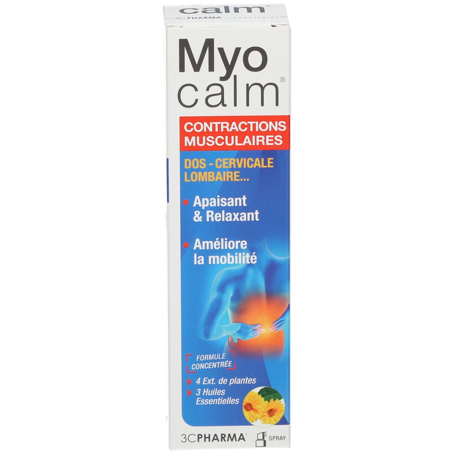 Emballage Myo Calm. Spray pour contractions musculaires. Contient 4 extraits de plantes et 3 huiles essentielles. Boîte.