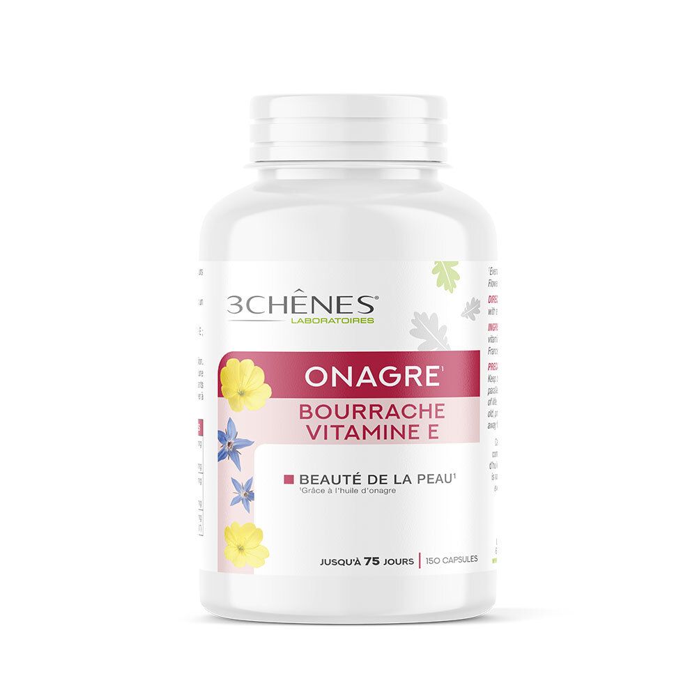Flacon blanc de gélules. Inscription: Onagre Bourrache Vitamine E. Marque: 3 CHÊNES. Pour la beauté de la peau.