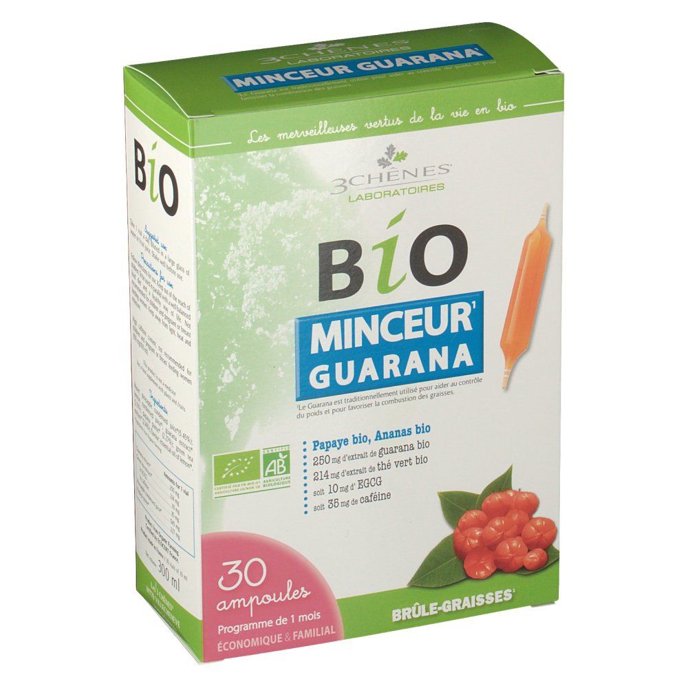 Boîte verte BIO Minceur Guarana avec 30 ampoules. Certification AB bio. Illustration de fruits rouges et d'une ampoule orange.
