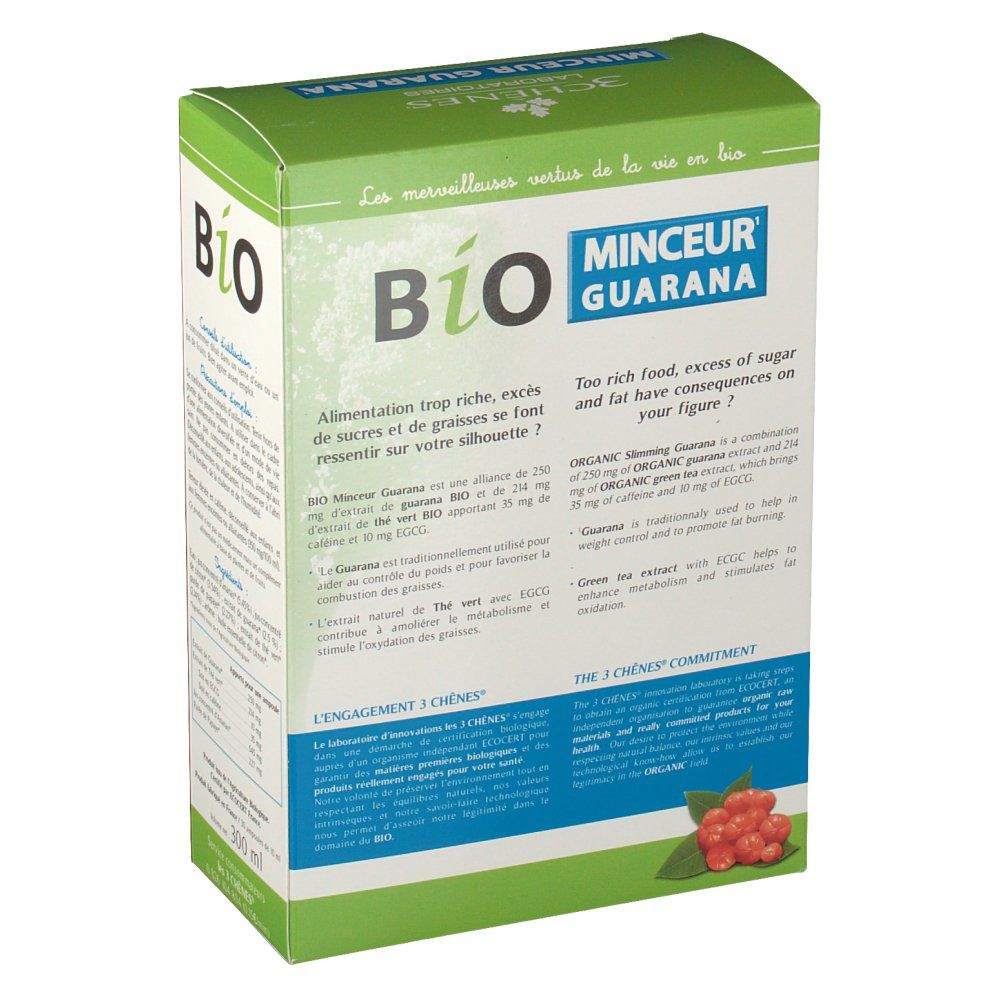 Dos de la boîte verte BIO Minceur Guarana. Texte sur les effets et ingrédients. Certification AB bio.