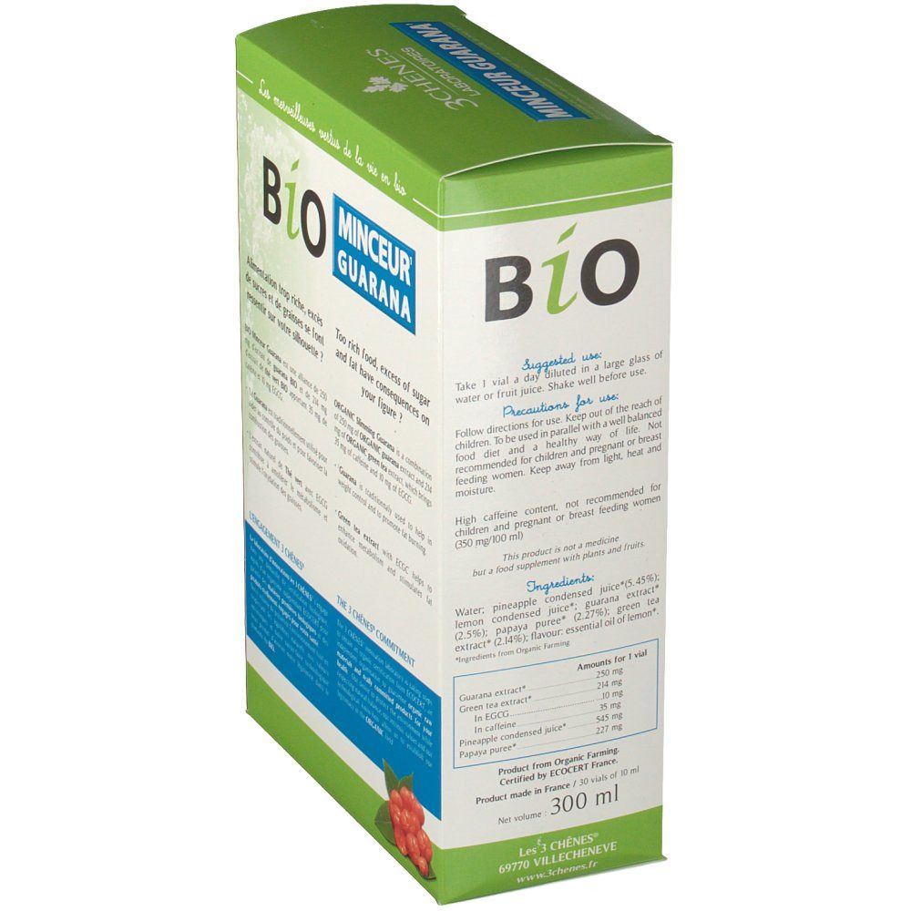 Vue latérale de la boîte verte BIO Minceur Guarana. Texte avec instructions d'utilisation et ingrédients. Certification AB bio.