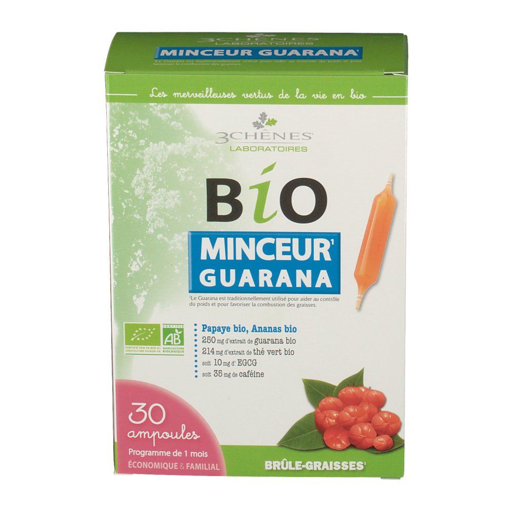 Boîte verte BIO Minceur Guarana avec 30 ampoules. Illustration de fruits et d'une ampoule. Certification AB bio.