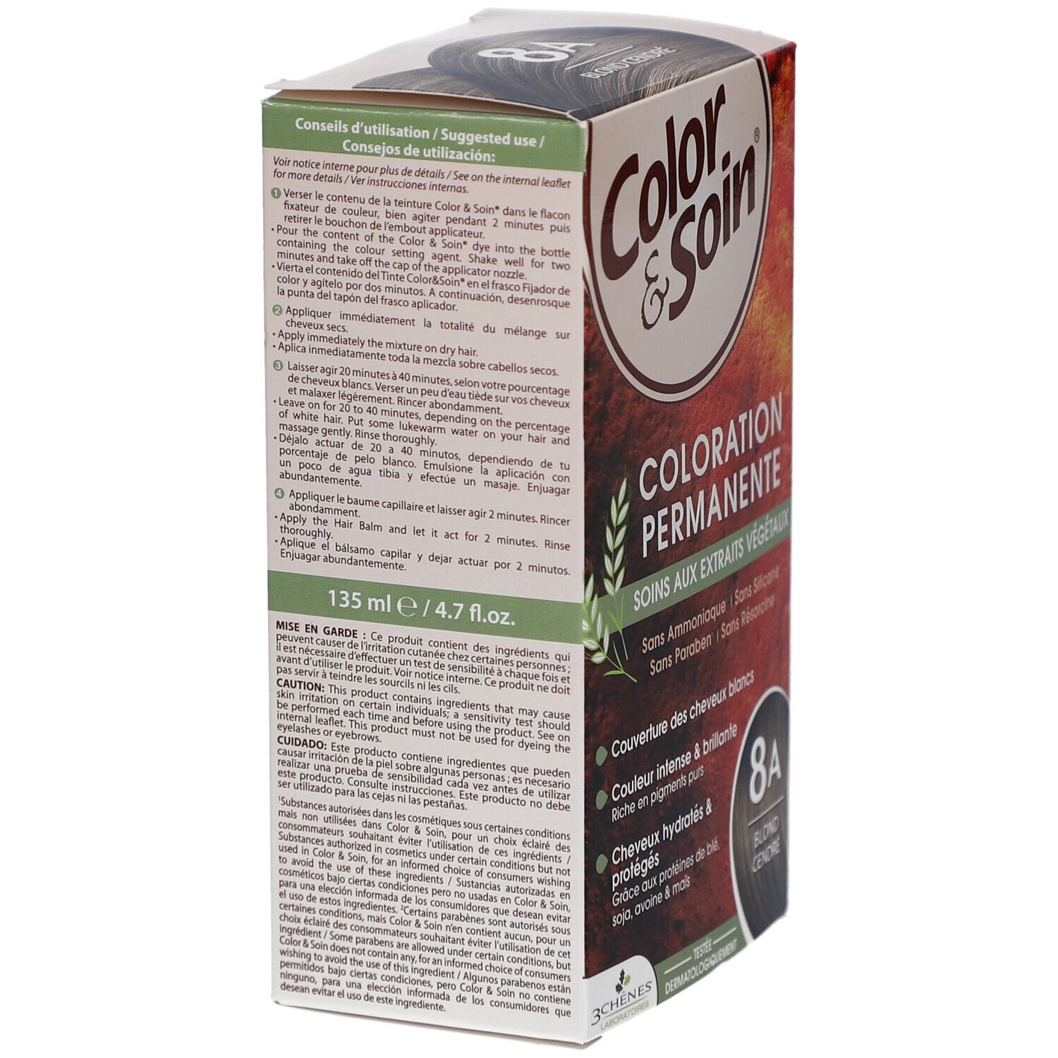 Dos de la boîte de coloration. Contient les instructions et les ingrédients. Marque : Color & Soin. 135 ml / 4.7 fl.oz.