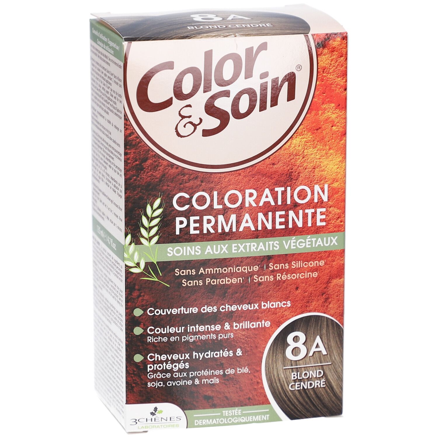 Boîte de coloration capillaire. Inscription : Color & Soin, 8A Blond cendré. Coloration permanente. Extraits végétaux. Sans ammoniaque.