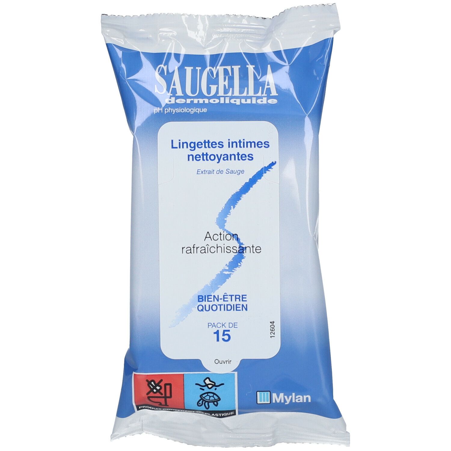 Paquet de lingettes intimes Saugella dermoliquide. Emballage bleu et blanc avec nom du produit et indication de 15 lingettes.